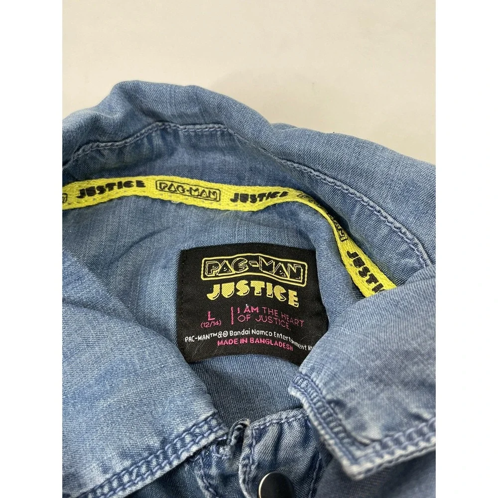 Justice Girls Pacman Denim Shirt Snap Closure Short Sleeve Size L Blue‎